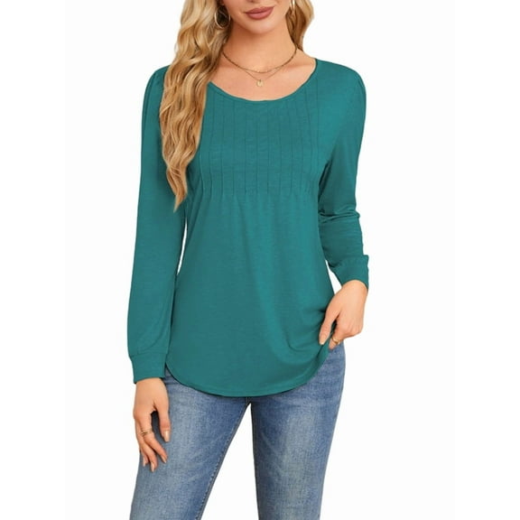 Long Sleeve Pleated Pullovers for Women Casual Chic Crew Neck Blouses Shirts Loose Fit Fall Clothes Green S