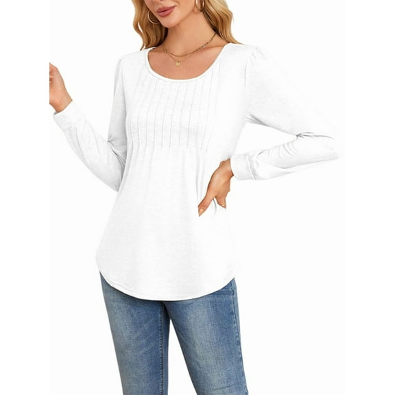 Long Sleeve Pleated Pullovers for Women Casual Chic Crew Neck Blouses Shirts Loose Fit Fall Clothes White XL