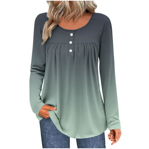 Long Sleeve Pleated Shirts for Women, Casual Button down V Neck Top, Fashion Fall Tunic Shirt