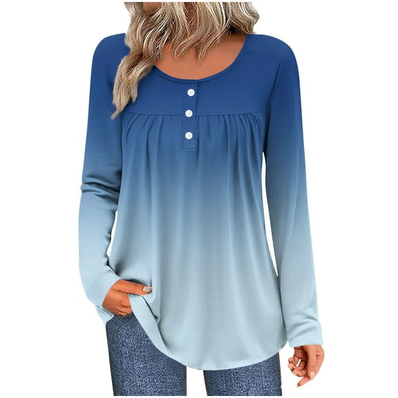Long Sleeve Pleated Shirts for Women, Casual Button down V Neck Top, Fashion Fall Tunic Shirt