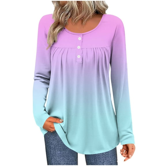Long Sleeve Pleated Shirts for Women, Casual Button down V Neck Top, Fashion Fall Tunic Shirt