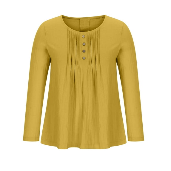 Long Sleeve Plus Size Linen Tops for Women Casual Fall Pleated Front Button Round Neck T Shirts Loose Flowy Tees (4XL, Yellow)