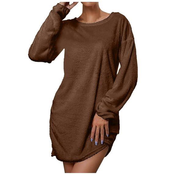 Long Sleeve Plush Sweater Dresses for Women Crewneck Solid Color Casual Loose Comfy Fall Winter Mini Tshirt Dress