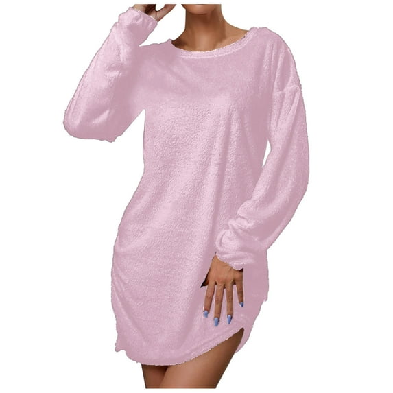 Long Sleeve Plush Sweater Dresses for Women Crewneck Solid Color Casual Loose Comfy Fall Winter Mini Tshirt Dress