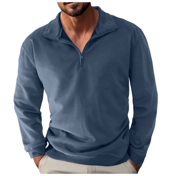 Long Sleeve Po|o Shirts for Men Spring Fall Top Peach Skin Zipper Stand Solid Sweatshirt Athletic Casual Workout Fall Clothes (Blue-c, XXL)