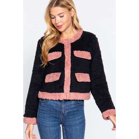 Long Sleeve Pocket Detail Faux Fur Jacket Black/Pink ' M