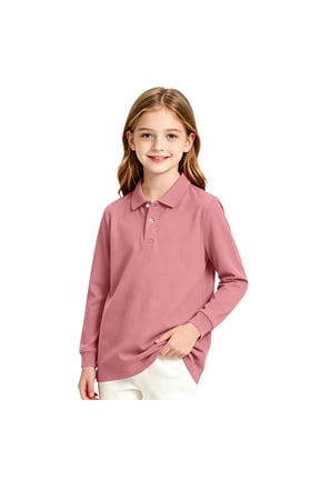 Long Sleeve Polo Shirt, Collared 2-Button Placket Uniform Top, Soft Breathable Casual Formal Polo Tee for School Daily Wear 08-Light pink 100