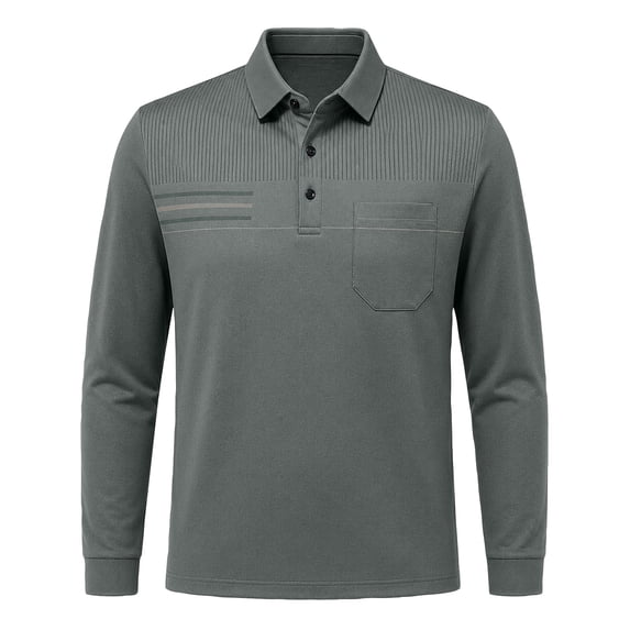 Long Sleeve Polo Shirt for Men Chest Pocket Polo Button Striped Detail Slim Fit Shirts for Weekend Gathering