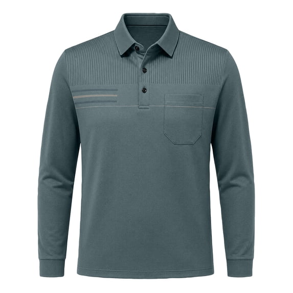 Long Sleeve Polo Shirt for Men Chest Pocket Polo Button Striped Detail Slim Fit Shirts for Weekend Gathering