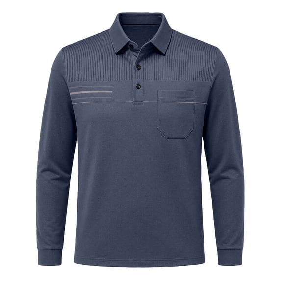 Long Sleeve Polo Shirt for Men Chest Pocket Polo Button Striped Detail Slim Fit Shirts for Weekend Gathering
