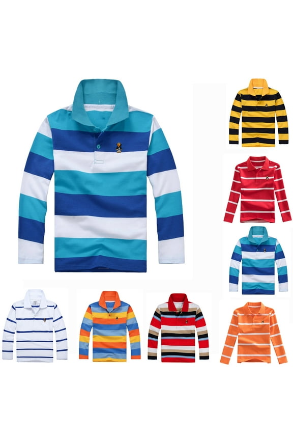Long Sleeve Polo Shirts for Boys Size 8-9 Striped Color Oversized Back to School Shirts Comfortable Fabric Button Down Thermal Casual Kids Clothing (X01 Red, 8-9 Years)