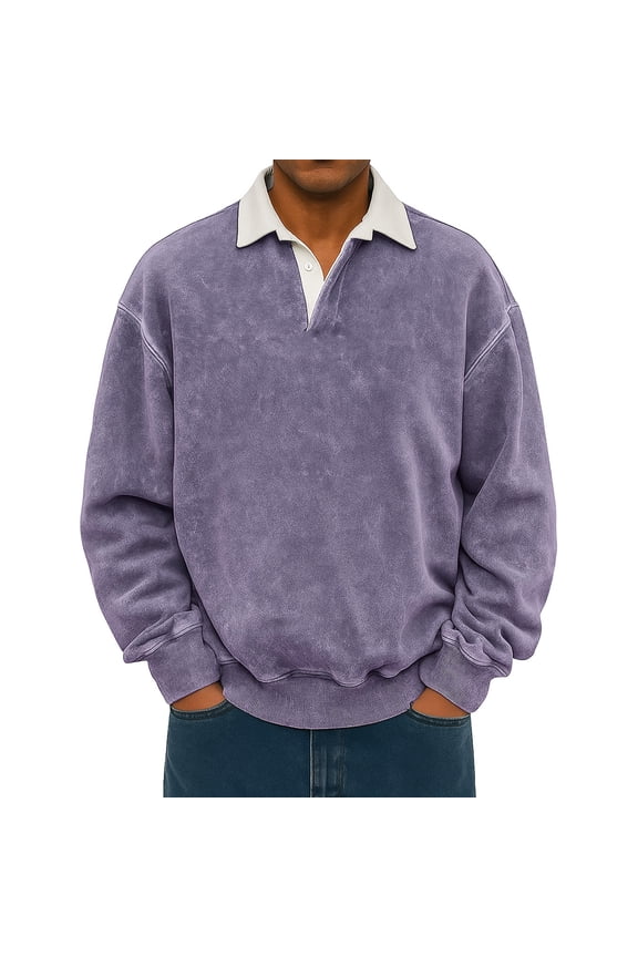 Long Sleeve Polo Shirts For Men Casual Button Down Shirt Golf Pullover V Neck Stand Collar Fashion Fall Sweatshirt, Purple M