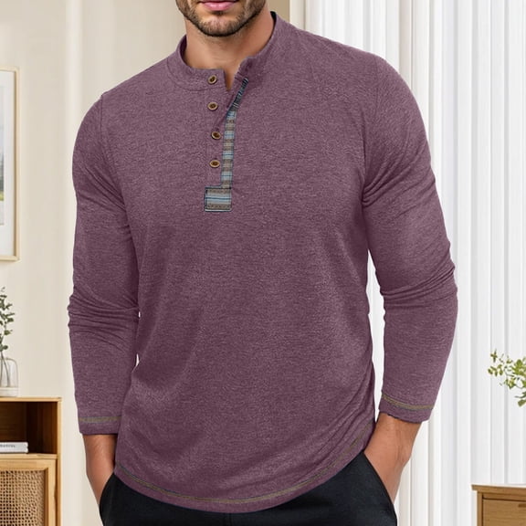 Long Sleeve Polo Shirts For Men Solid Color Casual Comfort Slim Fit Quarter Button Henley Shirt Pullover Summer Comfort Classic Basic Tee Wine M