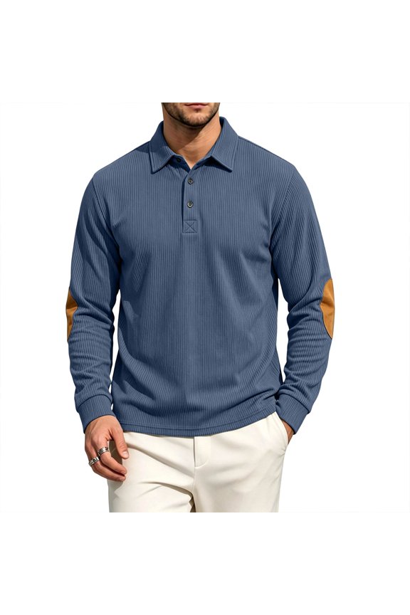 Long Sleeve Polo Shirts For Men Corduroy Casual Retro Polo Shirt With Elbow Patches Relaxed Fit Quarter Button Pullover Sweatshirt For Fall And Winter Navy S
