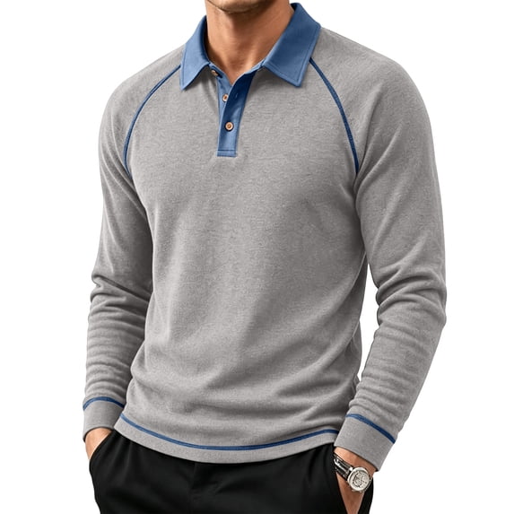 Long Sleeve Polo Shirts Men Golf Fashion Casual Shirt Raglan Button Tee Collared Pullover Tops Cotton Blend