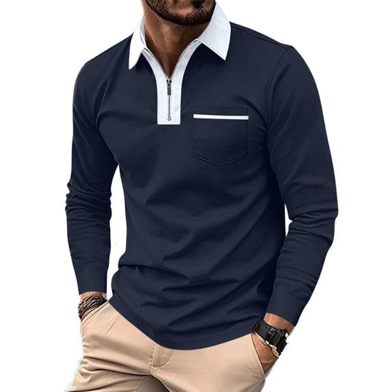 Long Sleeve Polo Shirts For Men Slim Fit Quarter Zip Polo Shirt With Contrast Collar Placket And Chest Pocket Casual Business T-Shirt For Daily S Navy