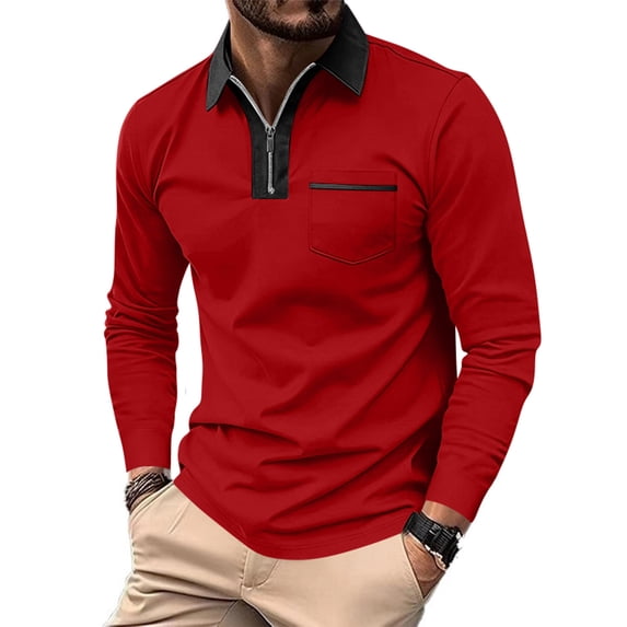 Long Sleeve Polo Shirts For Men Slim Fit Quarter Zip Polo Shirt With Contrast Collar Placket And Chest Pocket Casual Business T-Shirt For Daily XL Red