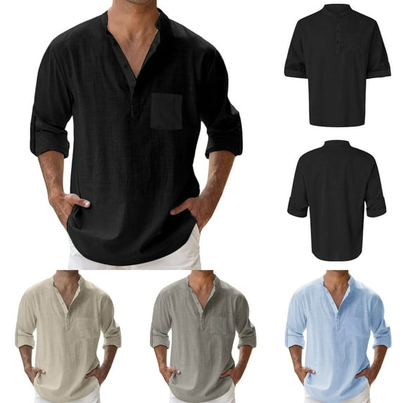 Long Sleeve Polo Shirts for Men Solid Color Loose Stand Collar Pullover T Shirt with Pocket Casual Summer Fall Lightweight Mens Polo Shirts Black XXXL
