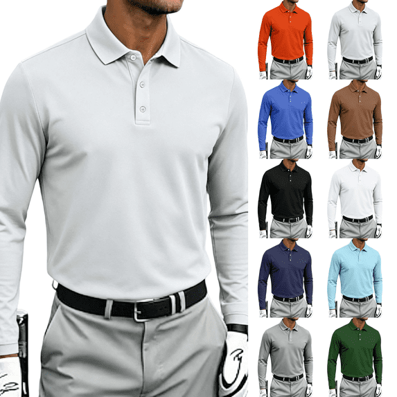 Long Sleeve Polo Shirts Mens Classic Soft Casual Collared Golf Shirt Light Gray L