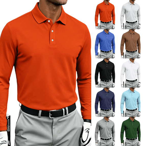 Long Sleeve Polo Shirts Mens Classic Soft Casual Collared Golf Shirt Saffron 3XL
