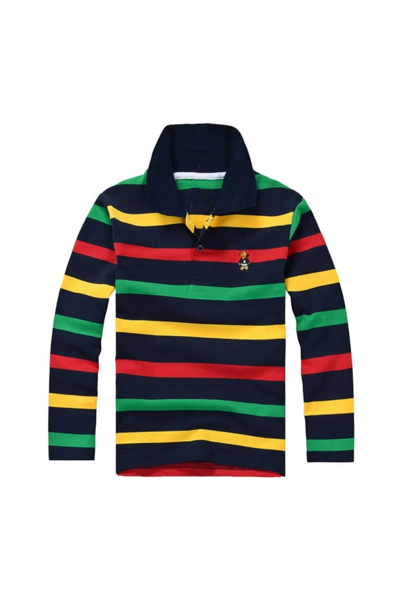 Long Sleeve Polo Shirts for Boys 10-12 Casual Striped Shirt Button Closure Soft Fabric Baby T Shirts Tops,10-11 Years,Black