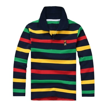 Long Sleeve Polo Shirts for Boys 10-12 Casual Striped Shirt Button Closure Soft Fabric Baby T Shirts Tops,5-6 Years,Black
