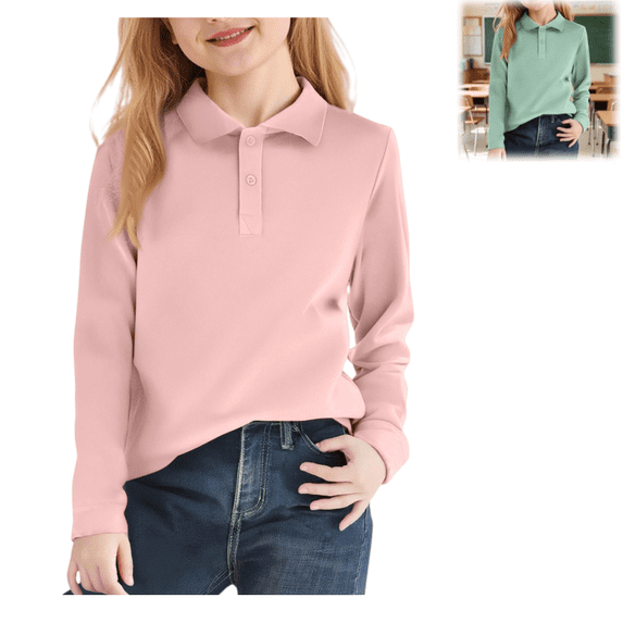 Long Sleeve Polo Shirts for Girl Button Collared School Uniform T Shirts Back To School Stylish Quick Dry Classic Fit Casual Top Pink 8-9 Years