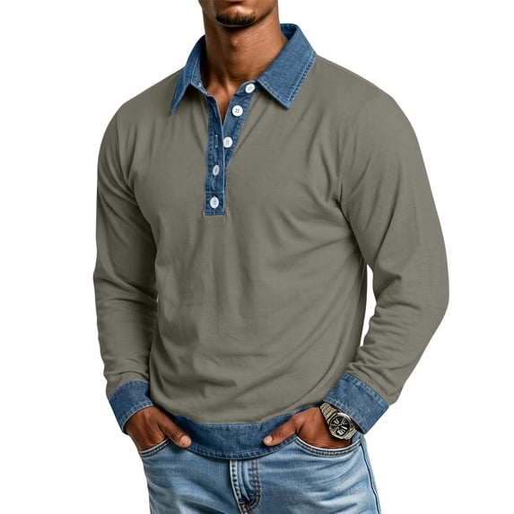 Long Sleeve Polo Shirts for Men Button Placket Lapel Collar Pullover Color Block Vintage Denim Contrast Trim Regular Fit Casual Tops Gray XXL