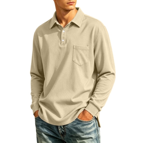 Long Sleeve Polo Shirts for Men Casual Polo Tshirt Collared Work Pullover Shirt Workwear Office Polo Tee with Pocket with Pocket