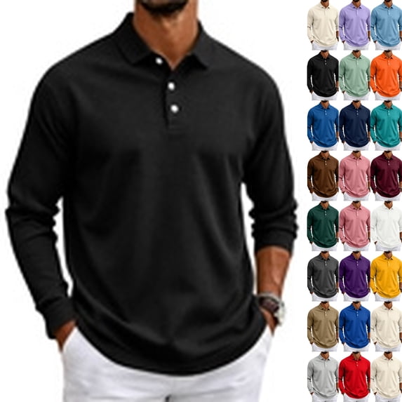 Long Sleeve Polo Shirts for Men Classic Button Golf Shirt Casual Collared Thermal Work Pullover Tops Black L