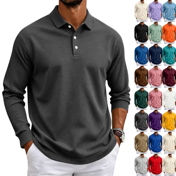 Long Sleeve Polo Shirts for Men Classic Button Golf Shirt Casual Collared Thermal Work Pullover Tops Dark Gray 3XL
