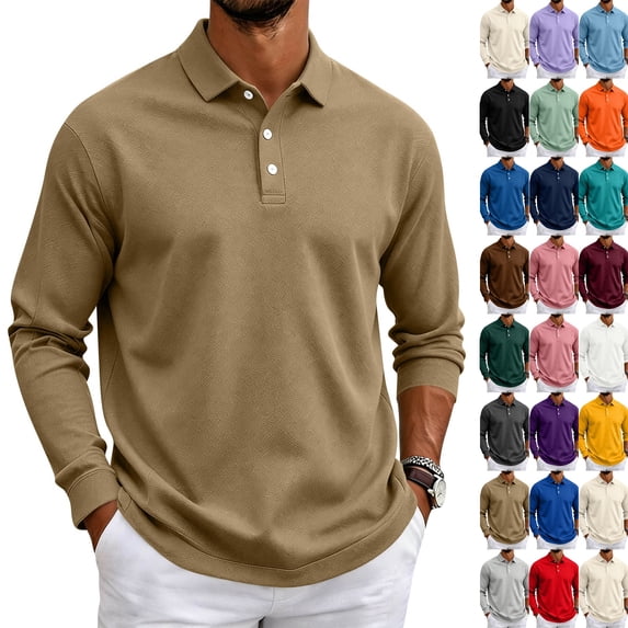 Long Sleeve Polo Shirts for Men Classic Button Golf Shirt Casual Collared Thermal Work Pullover Tops Khaki S