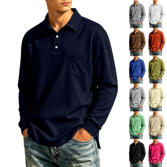 Long Sleeve Polo Shirts for Men Classic Casual Polo Tshirt Collared Performance Business Shirt Regular Fit Polo Tee with Pocket with Pocket