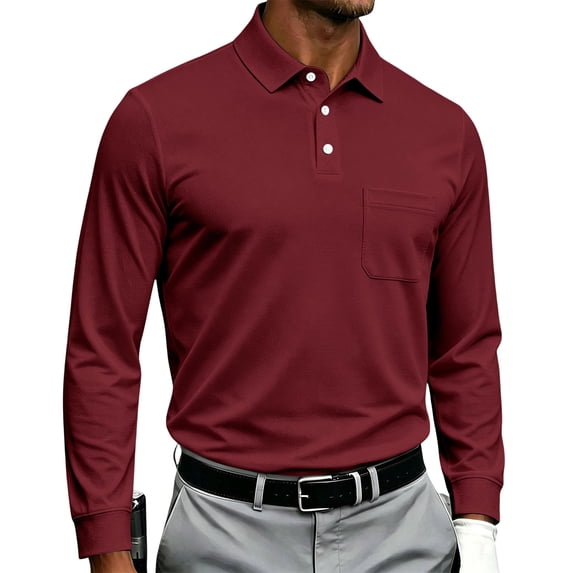 Long Sleeve Polo Shirts for Men Relaxed Fit Dress Button Golf Shirt With Pocket, L