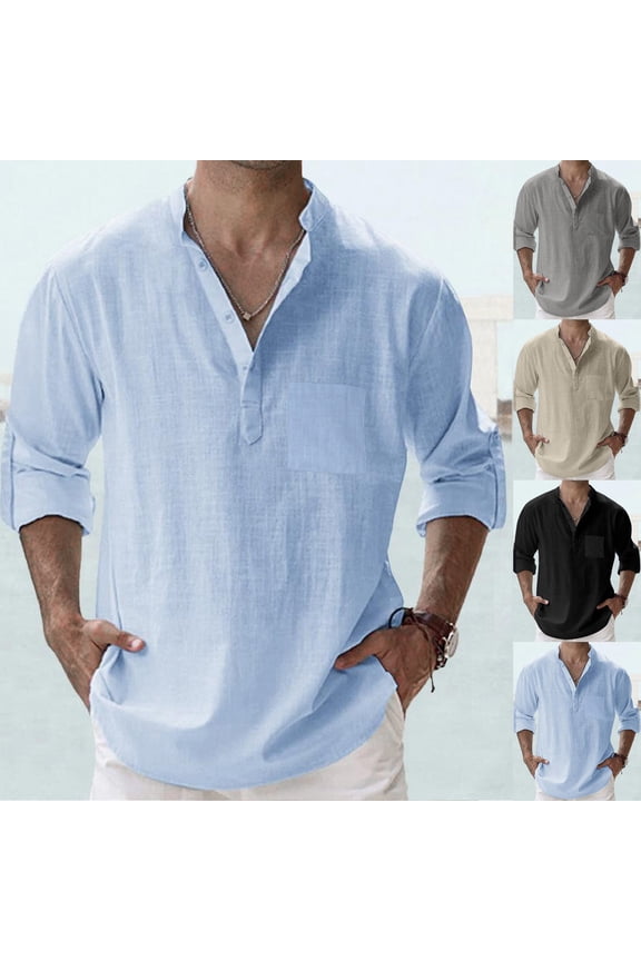 Long Sleeve Polo Shirts for Men Solid Color Loose Stand Collar Pullover T Shirt with Pocket Casual Summer Fall Lightweight Mens Polo Shirts Blue M