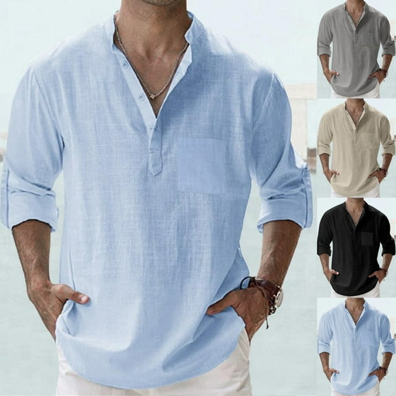 Long Sleeve Polo Shirts for Men Solid Color Loose Stand Collar Pullover T Shirt with Pocket Casual Summer Fall Lightweight Mens Polo Shirts Blue XXXL