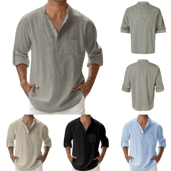 Long Sleeve Polo Shirts for Men Solid Color Loose Stand Collar Pullover T Shirt with Pocket Casual Summer Fall Lightweight Mens Polo Shirts Grey M