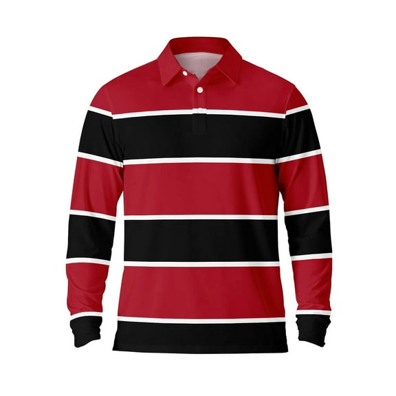 Long Sleeve Polo Shirts for Men Striped Casual Button Down Lapel Tops Pullover Fall Breathable Comfortable Mens T Shirts Red XL