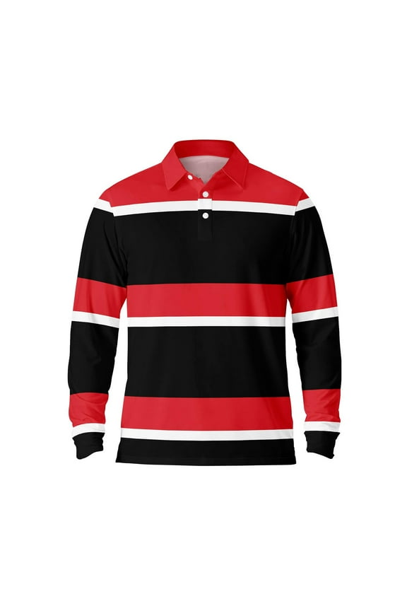 Long Sleeve Polo Shirts for Men Striped Casual Button Down Lapel Tops Pullover Fall Breathable Comfortable Mens T Shirts Red XL