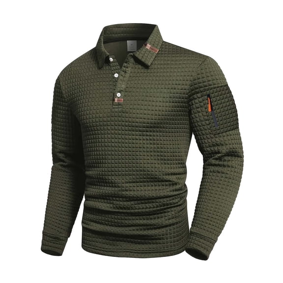 Long Sleeve Polo Shirts for Men Stylish Textured Button Tee Casual Activewear Pullover Tops Classic T-Shirts Army Green XXXL