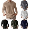 thumbnail image 1 of Long Sleeve Polo Shirts for Men Textured Casual Solid Color Lapel Pullover T Shirts Fall Loose Comfortable Athletic Wicking Mens Golf Shirt Khaki L, 1 of 6