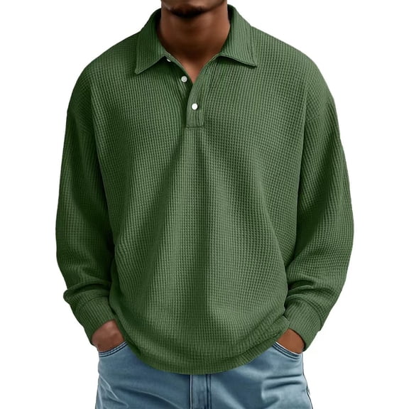 Long Sleeve Polo Shirts for Men Waffle Knit Collar Shirt Soft Button Golf Polos Pullover Relaxed Fit Spring Fall GN2 XL
