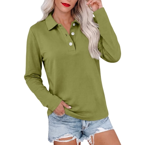 Long Sleeve Polo Shirts for Women Button Collared Golf Tops Solid Color Breathable Tees, L