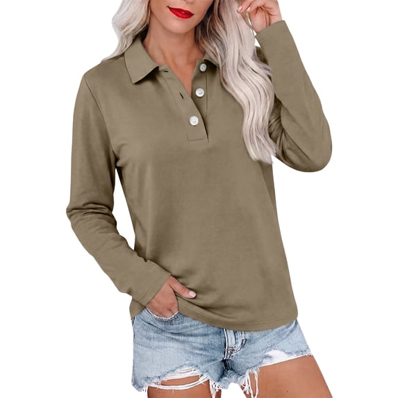 Long Sleeve Polo Shirts for Women Button Collared Golf Tops Solid Color Breathable Tees, S