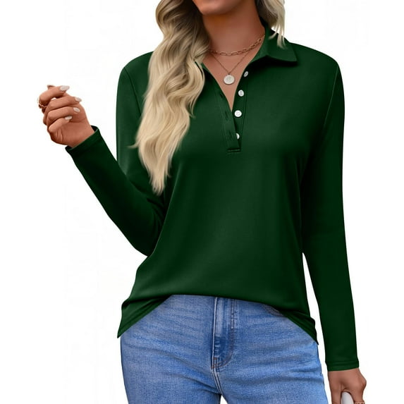 Long Sleeve Polo Shirts for Women Button Down Collared T Shirt Golf Shirt Business Casual Tee Uniform Tops Dark Green L