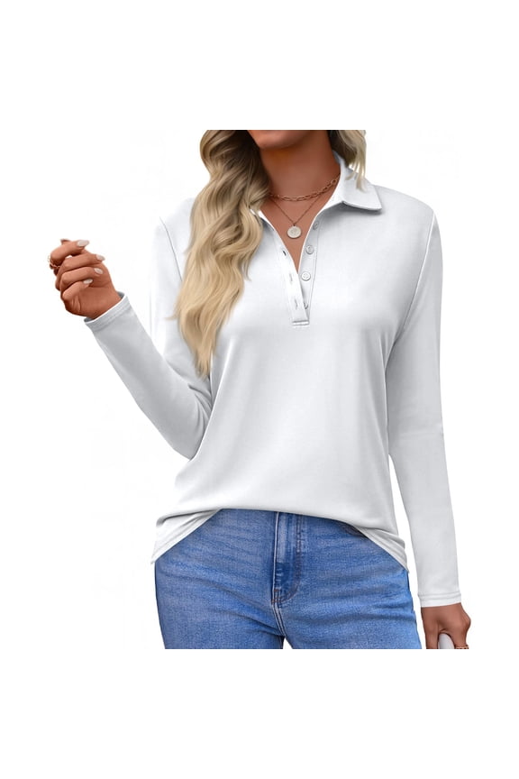 Long Sleeve Polo Shirts for Women Button Down Collared T Shirt Golf Shirt Business Casual Tee Uniform Tops White M