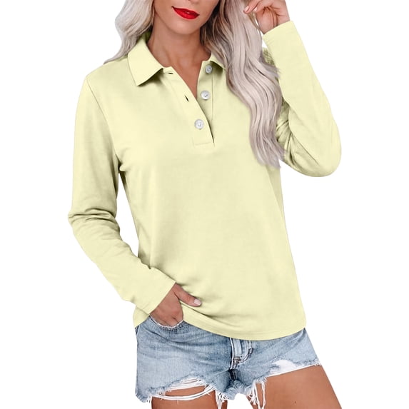Long Sleeve Polo Shirts for Women Dressy Button Collared Golf Tops Loose Fit Business Workout Office T Shirts, L