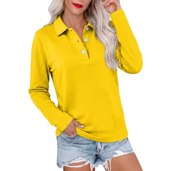 Long Sleeve Polo Shirts for Women Dressy Button Collared Golf Tops Loose Fit Business Workout Office T Shirts, M