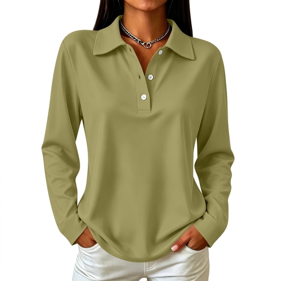 Long Sleeve Polo Shirts for Women Golf Shirt Button-Down Collar Work Blouse Side Slits Casual Tops Army Green L 1 Pcs