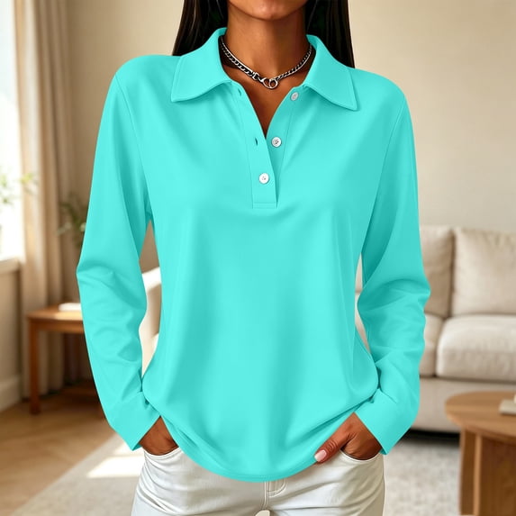 Long Sleeve Polo Shirts for Women Lightweight Quick Dry Solid Color Loose Fit Beach Workout Athletic Gym Office Tops Turquoise L